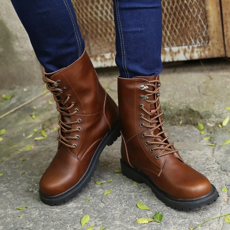 Dark rebellion black leather combat boots military-style high-top authentic genuine leather craftsmanship detail