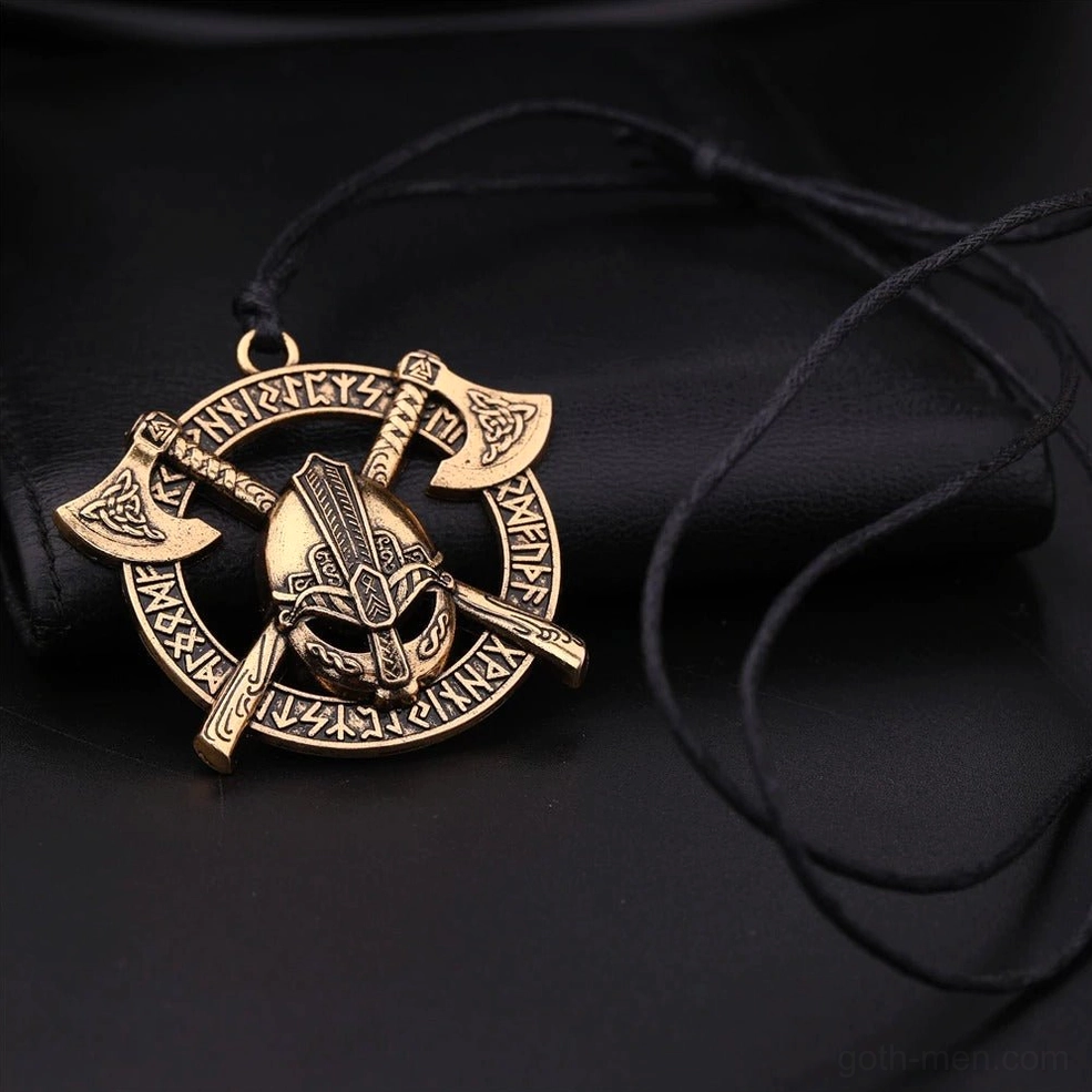 Antique dark silver gothic axe pendant on black leather, warrior talisman jewelry