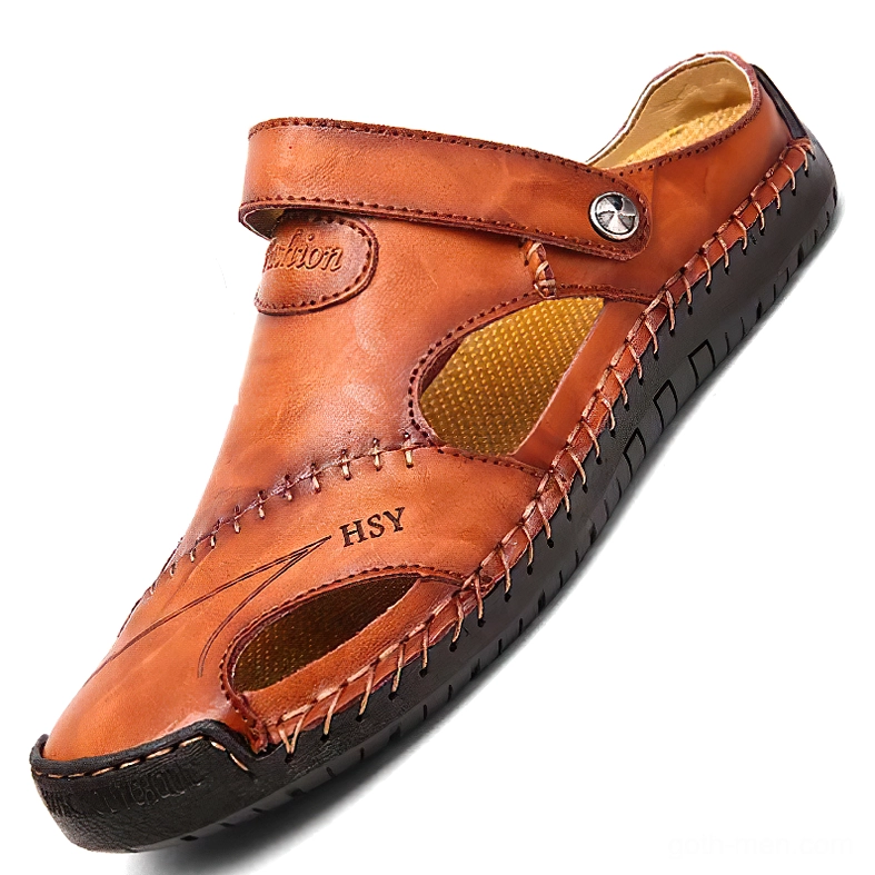 Dark tan red-brown genuine leather gothic sandals for men with hand-stitched trim and buckle closure