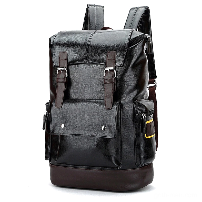 Black utility backpack three-quarter angle showing rolled top flap, side pockets, and industrial buckle hardware