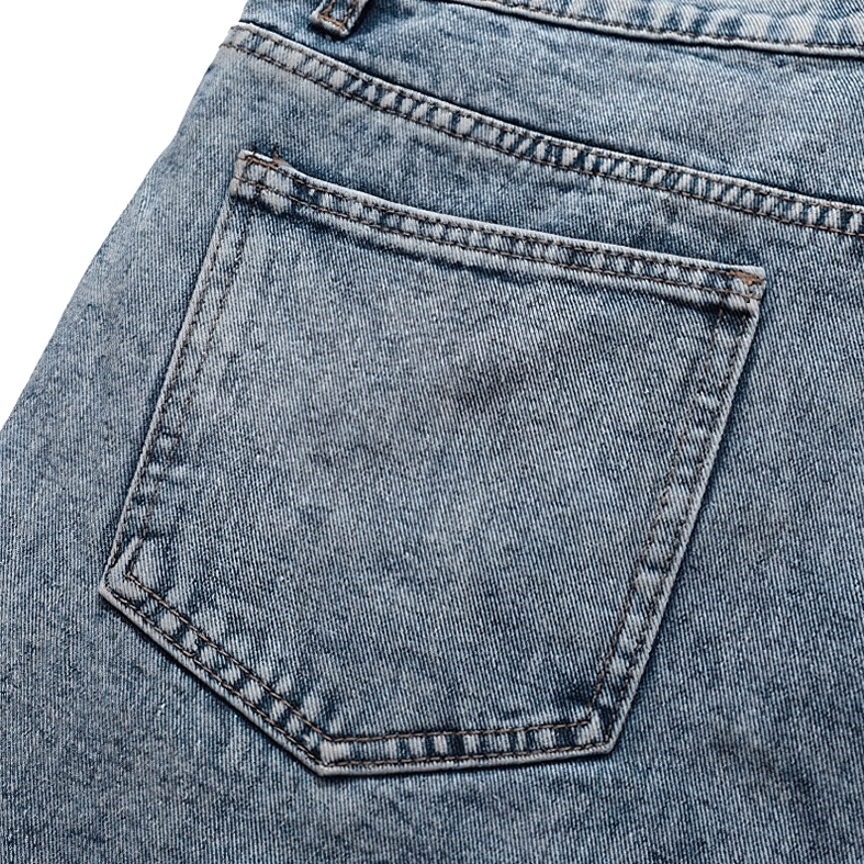 Rear pocket close-up of light blue denim shorts showing square pocket design and professional topstitching detail