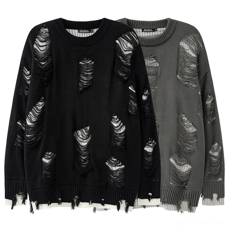 Distressed oversized gothic crew neck sweater in black and dark gray - front flat lay view showing ripped knit details