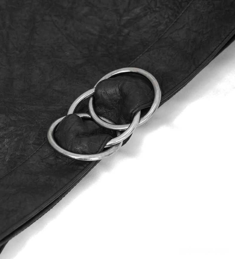 Detailed view of connected double D-rings with stitched leather strap on dieselpunk kilt