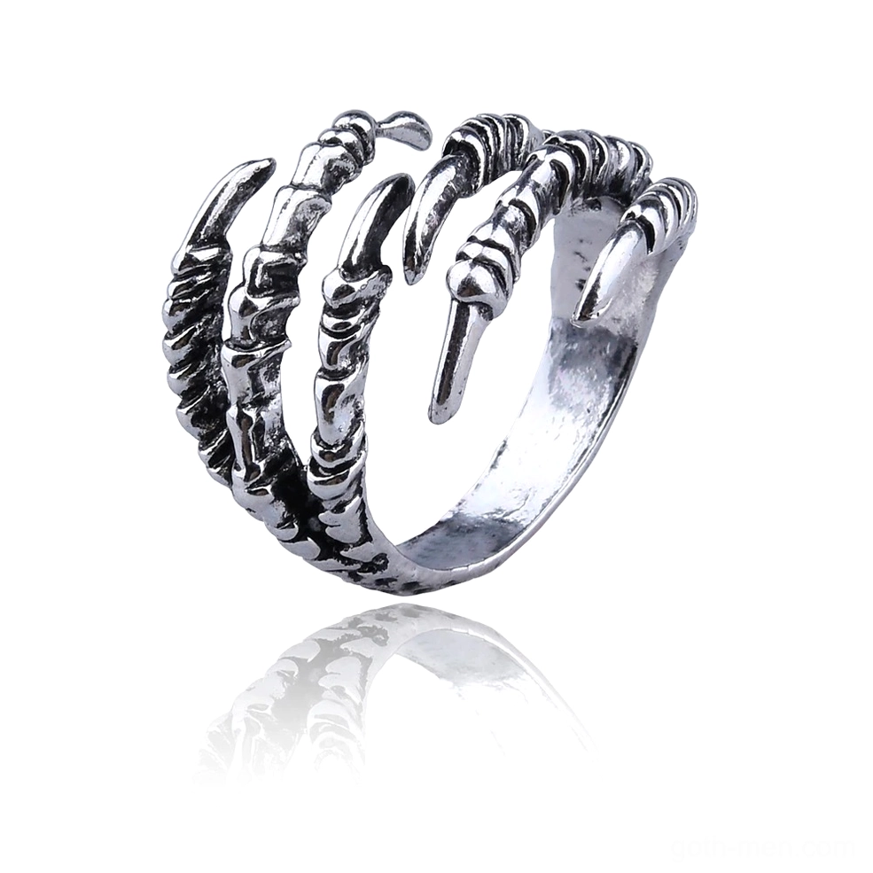 Gothic dragon claw open ring three-quarter side view displaying partial claw layout with vintage silver polish and adjustable open design