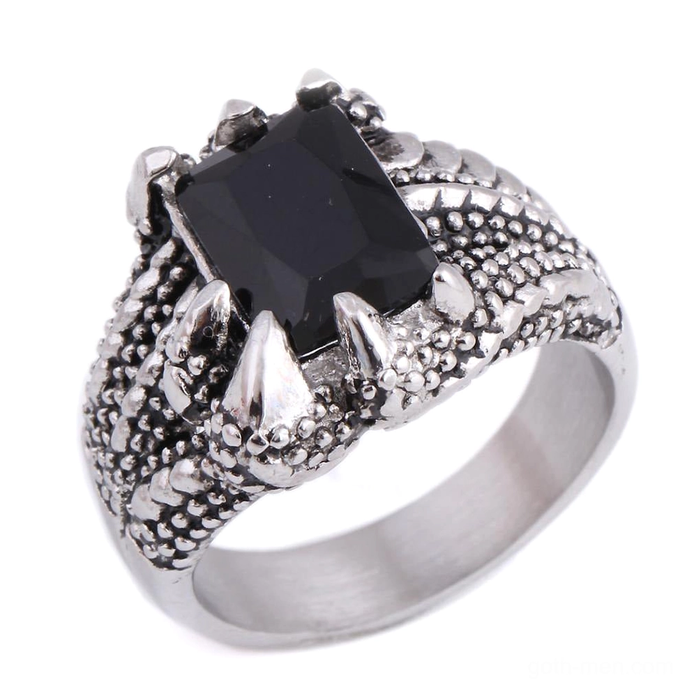 Dragon's claw gothic ring with black onyx stone, three-quarter front view showing detailed metal claws and rectangular dark gem setting