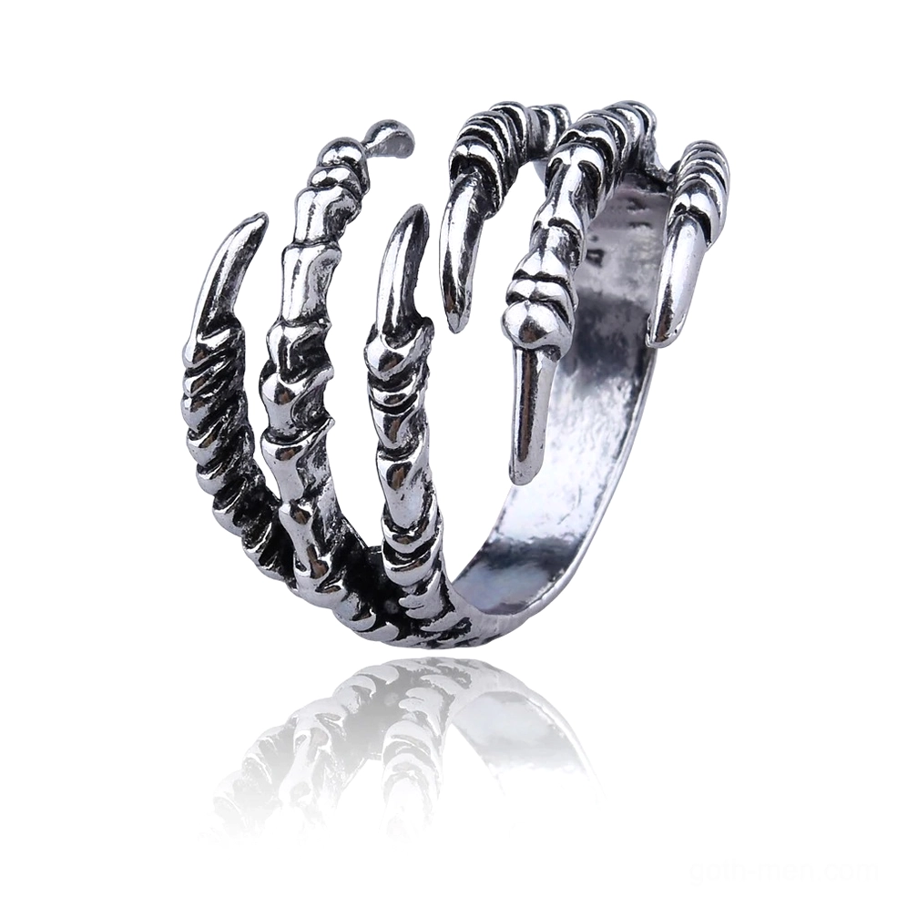 Dark antique silver dragon claw gothic ring four-quarter side view revealing detailed claw bone texture and open wraparound band design