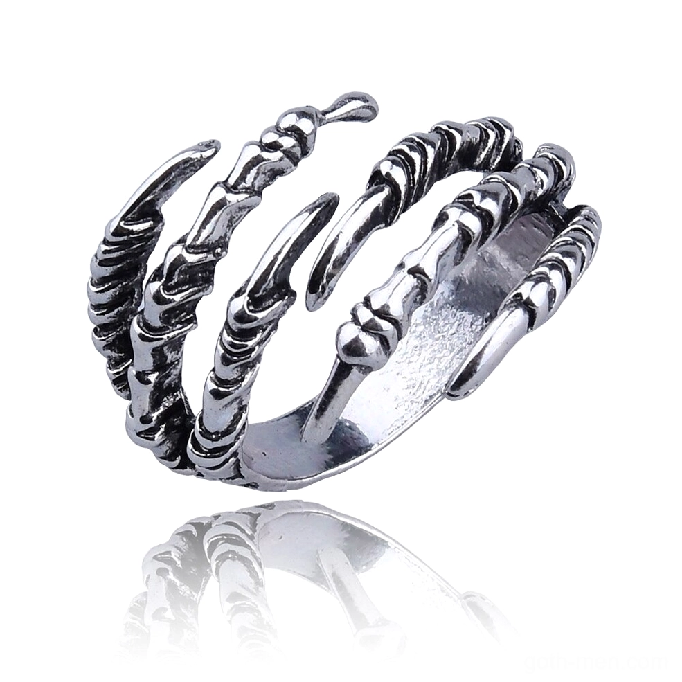 Dragon claw gothic open ring three-quarter front view showing antique silver finish and textured claw bone design with adjustable wraparound band on white background