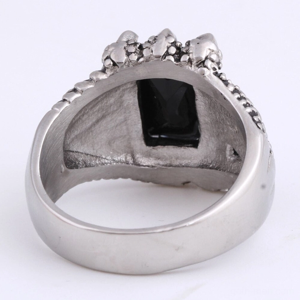Inner top view of dragon claw ring showing interior band and back of mounted black onyx stone