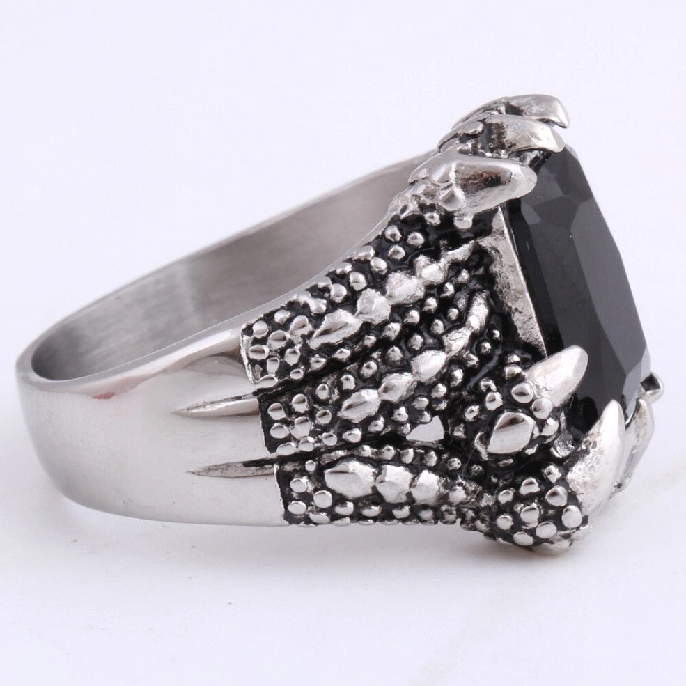 Right rear view of dragon claw gothic ring showing back of claw design and polished ring shank