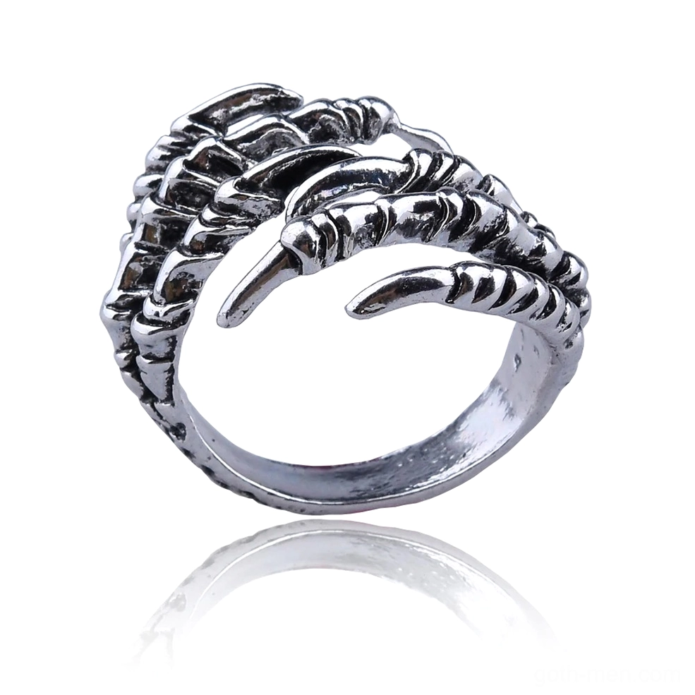 Dragon claw gothic statement ring side front view displaying vintage silver clustered claw details and open ring band construction