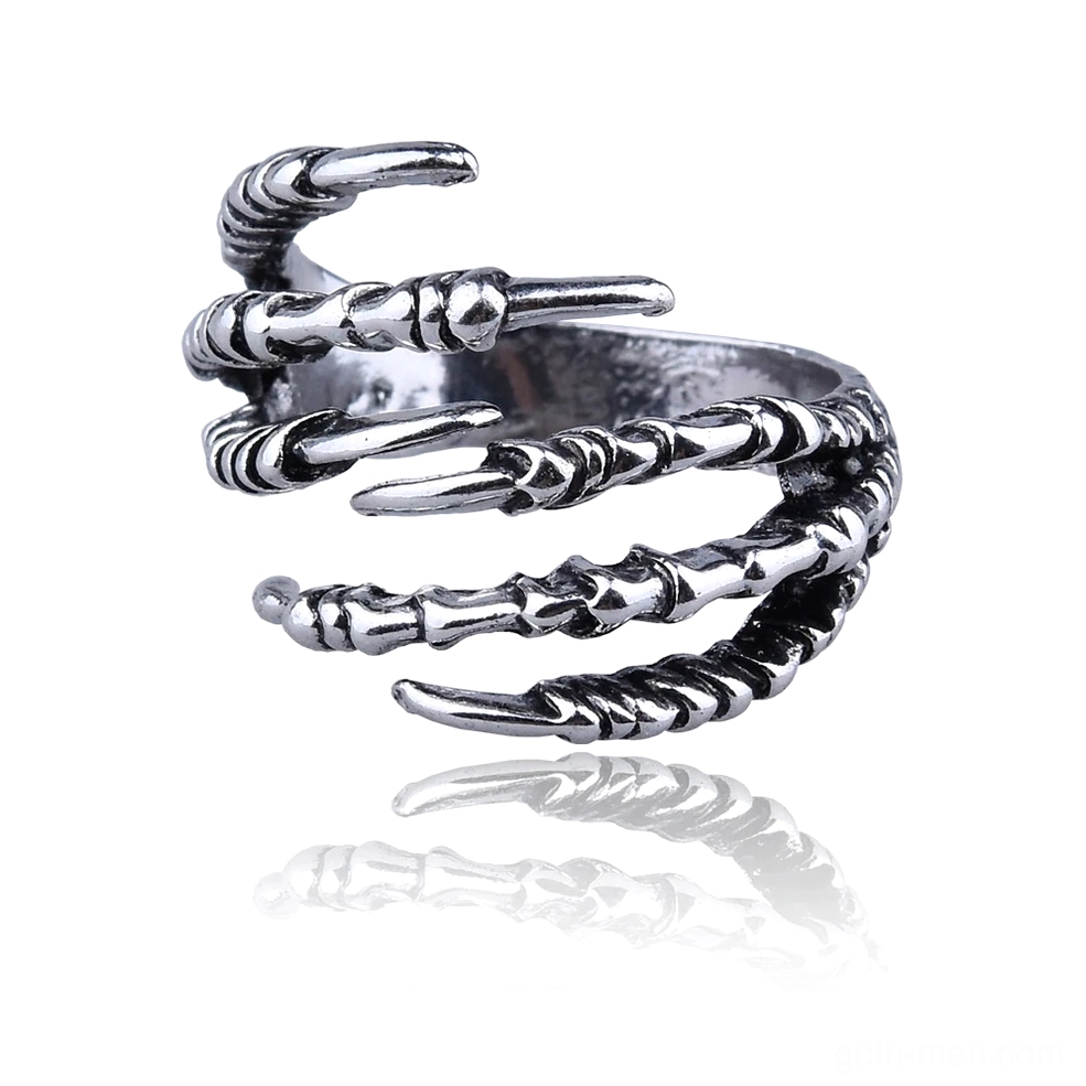 Adjustable dragon claw gothic ring side profile showcasing multiple textured claw fingers and twisted metalwork detail