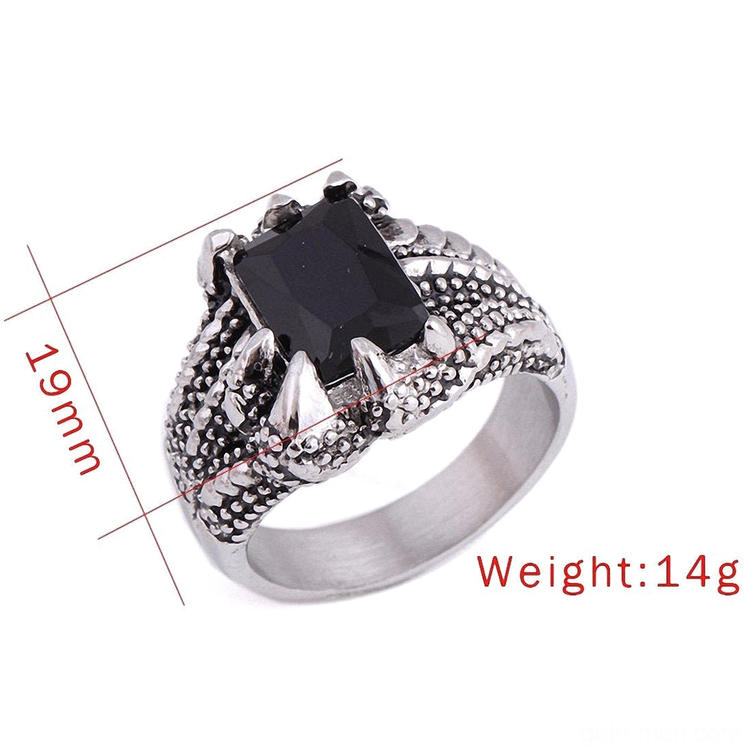 Dragon claw ring specifications: 19mm width band, 14g weight, front view with measurement reference