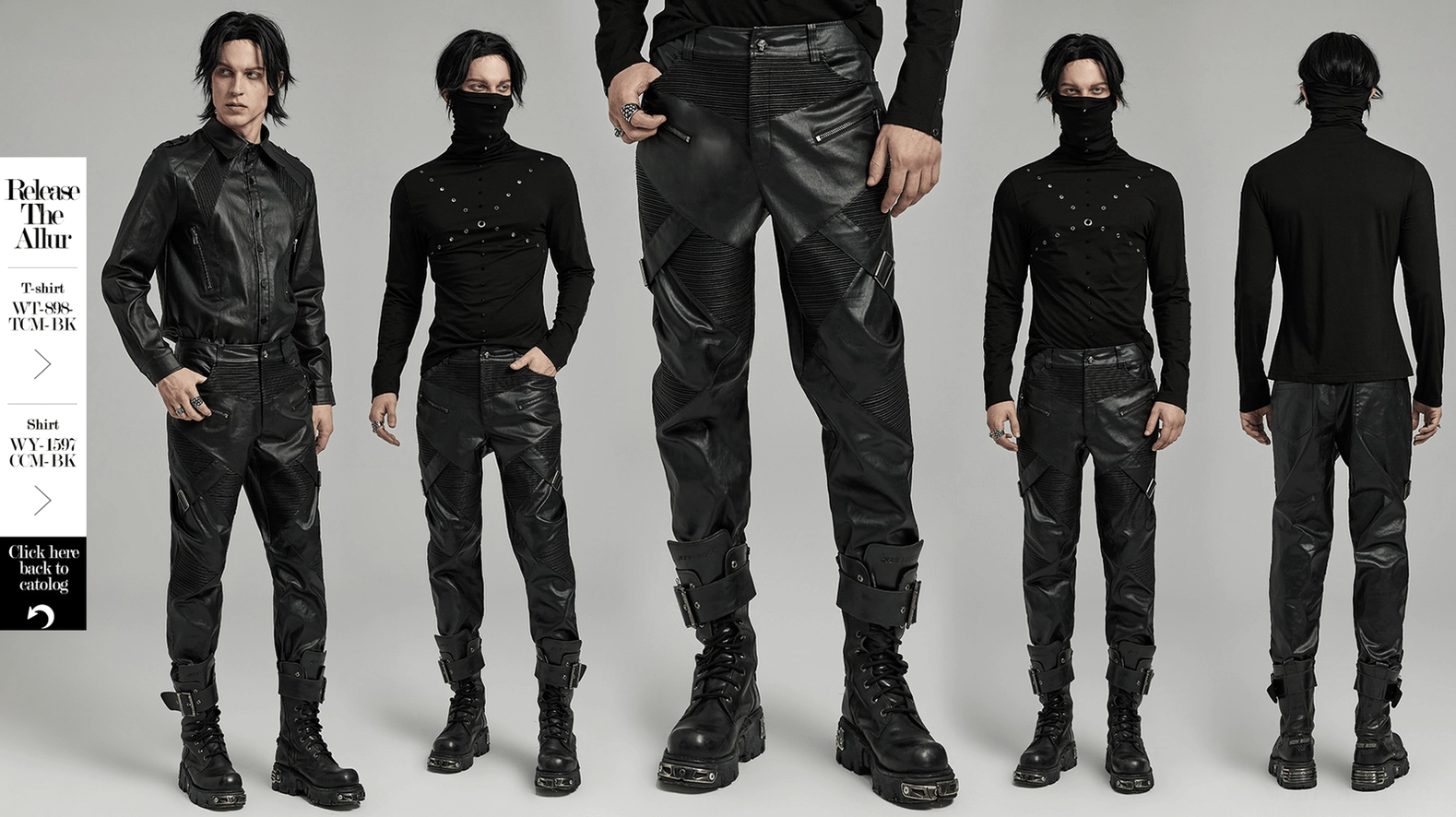 Full length front view of drawstring gothic leather pants on male model showcasing complete style and fit
