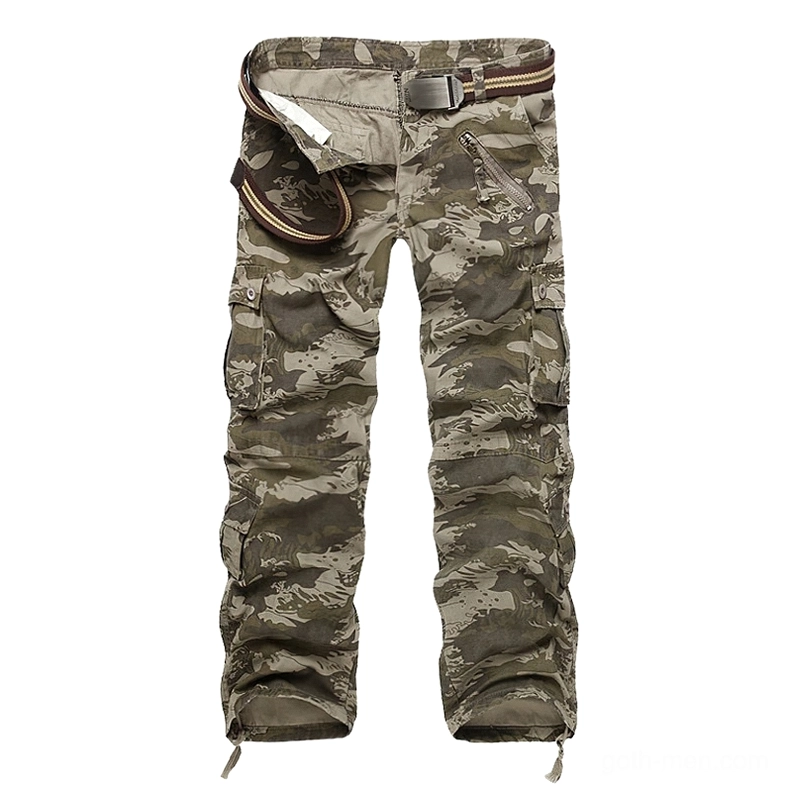 Earth tone camouflage military cargo pants flat lay front view with matching belt - goth trousers multi pockets