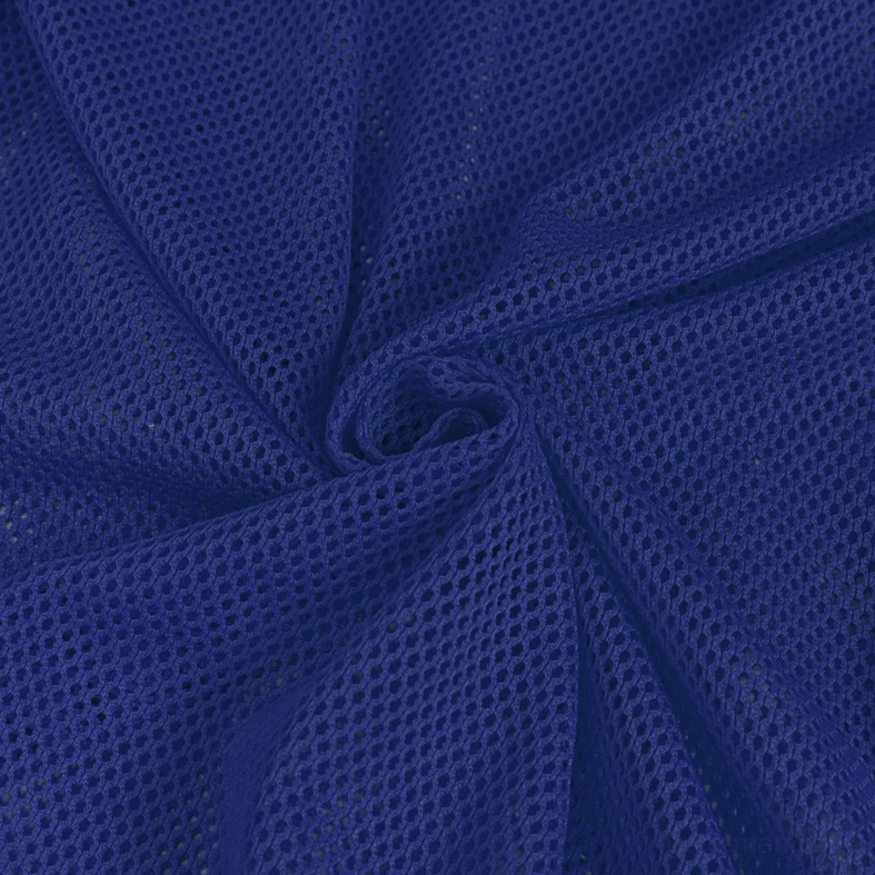 Fabric texture macro close-up of dense stretchy blue mesh grid pattern