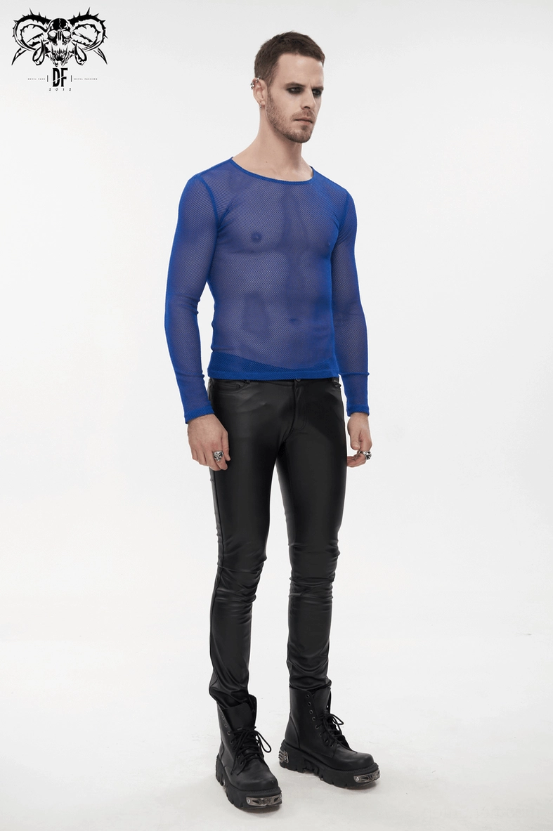 Men's electric blue sheer mesh gothic shirt alternative club wear