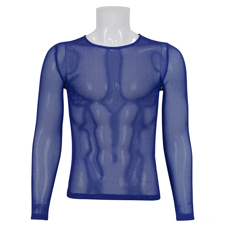 Electric blue mesh gothic top front crew neck on male mannequin