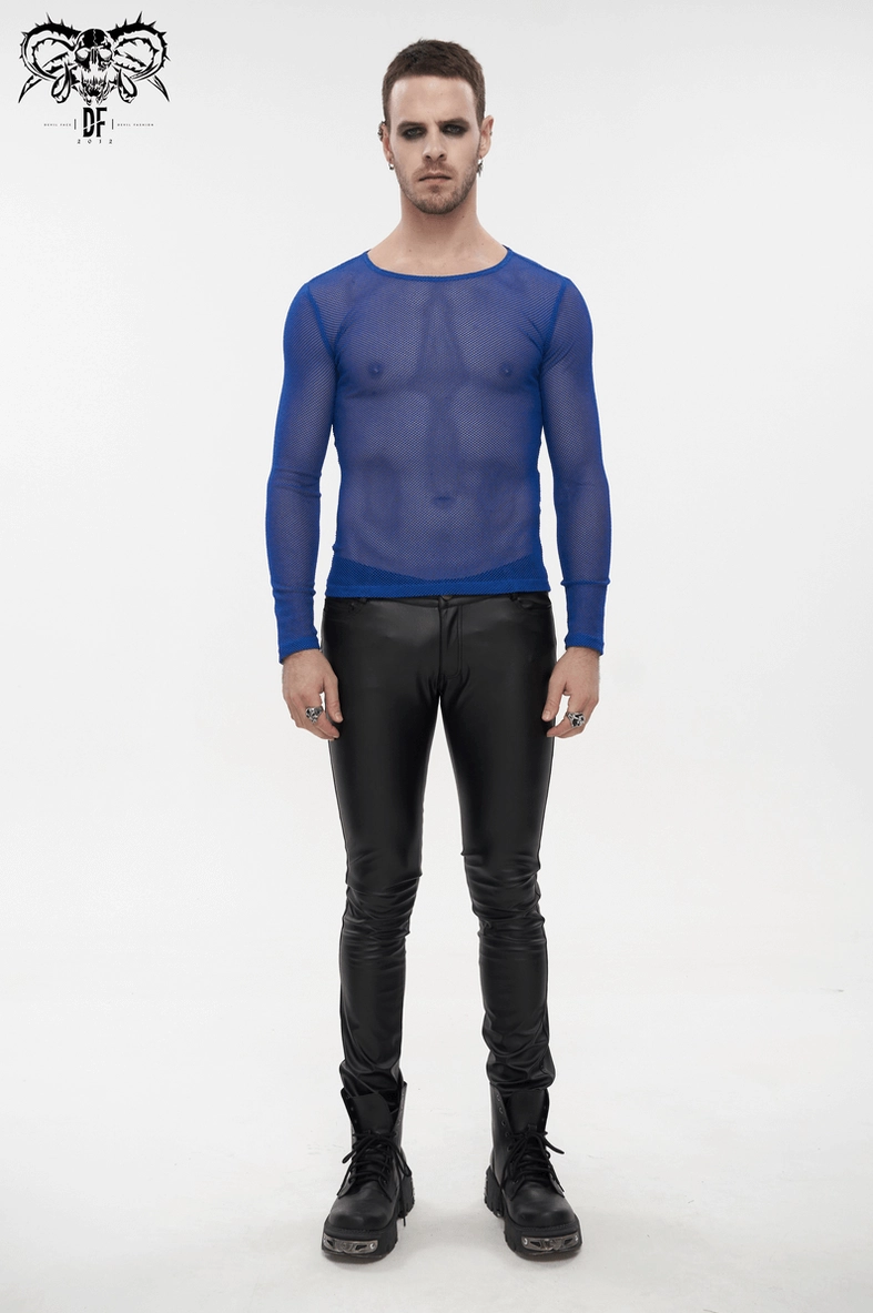 Men's electric blue transparent mesh gothic top full body front pose