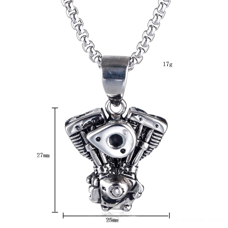 Gothic motorcycle engine pendant with measurements and weight specifications, 27mm x 25mm stainless steel pendant