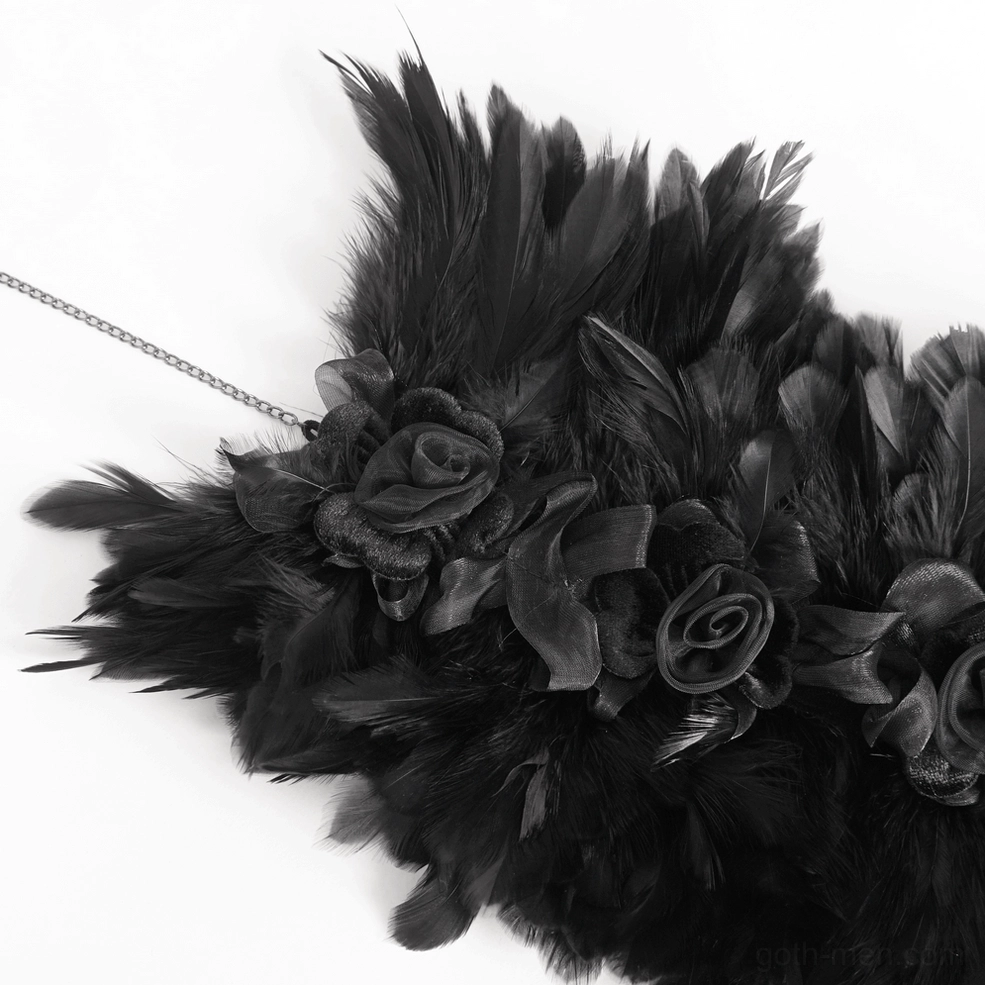 Close-up detail of feather collar with metal chain attachment and fluffy texture