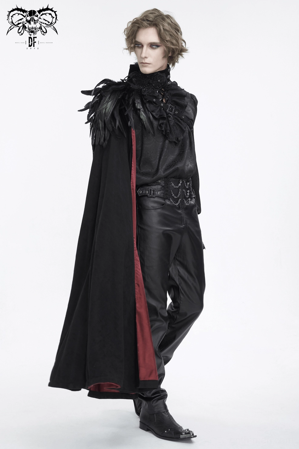 Black feathered gothic cape product photography showing full silhouette and flowing matte fabric construction
