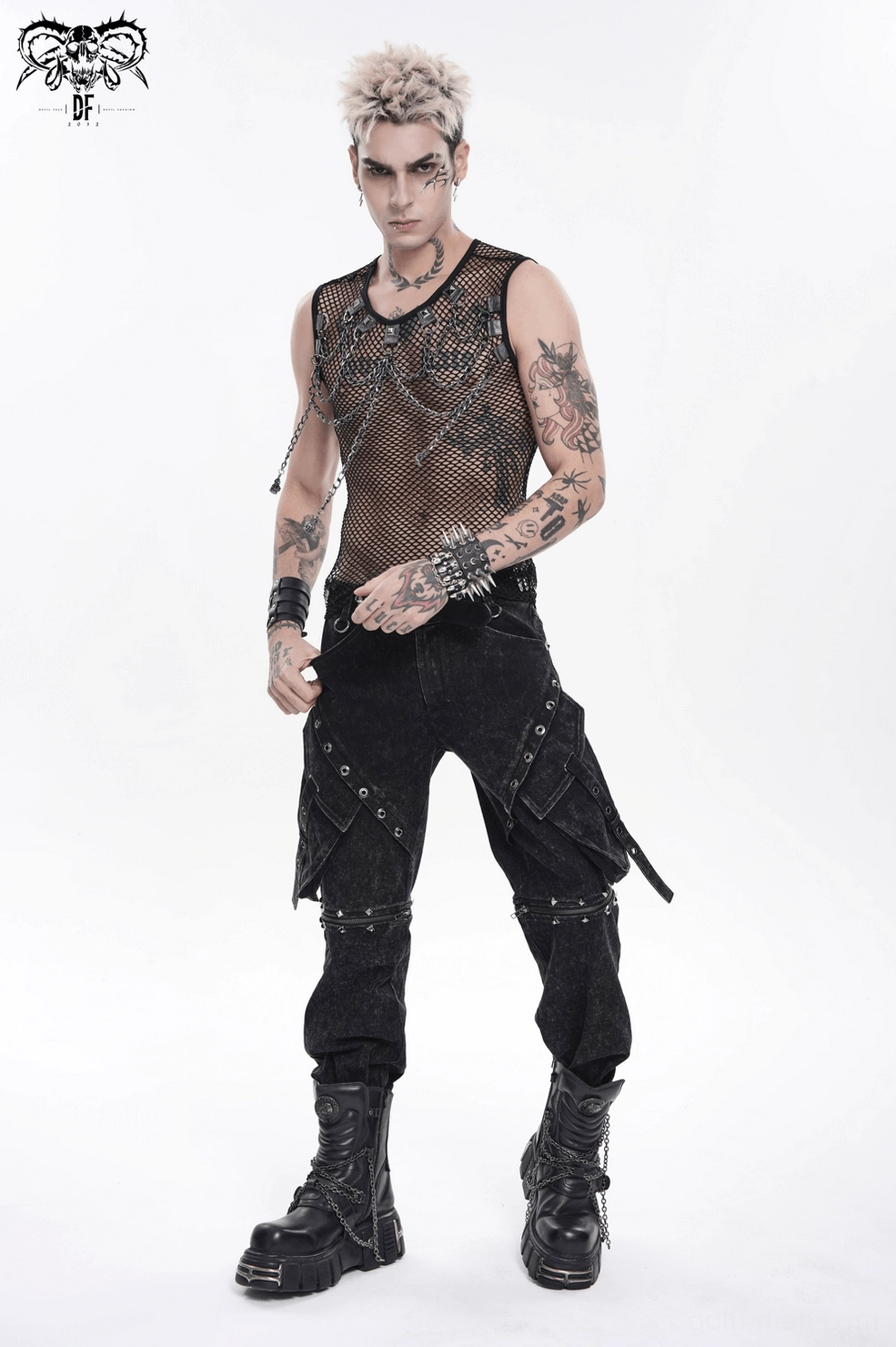 Fitted black mesh gothic tank top on model showing how chain harness sits on body