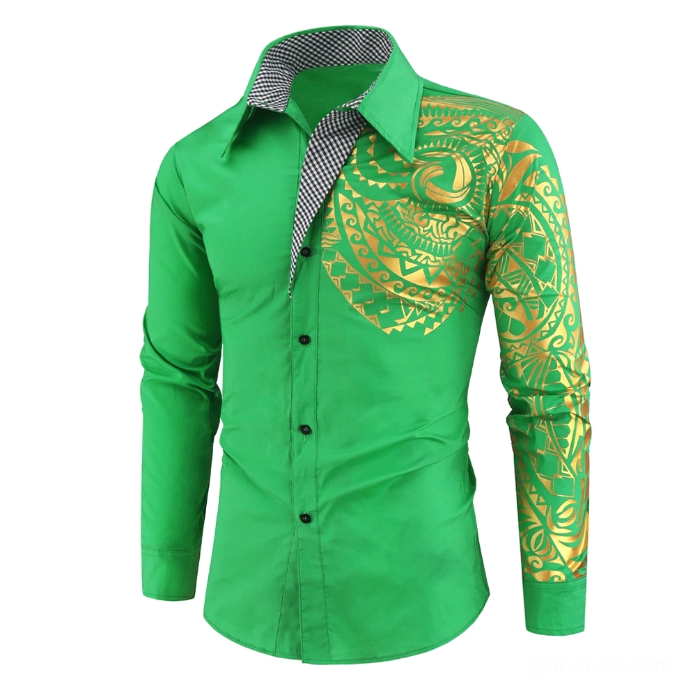 Forest green men's gothic shirt with gold tribal patterns front view slim fit