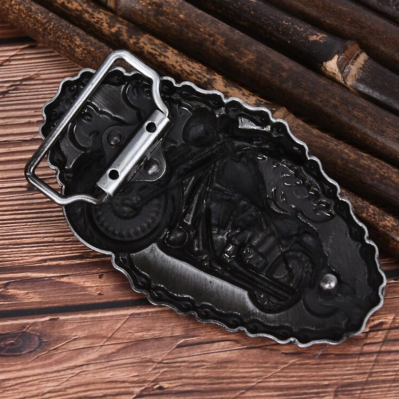 Full product view of flame and motorcycle belt buckle showcasing complete design with chain border framing and metal relief craftsmanship