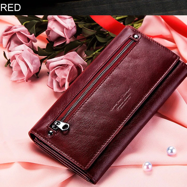Dimension-labeled burgundy leather wallet showing measurements 19cm length, 9.5cm height, 2cm thickness