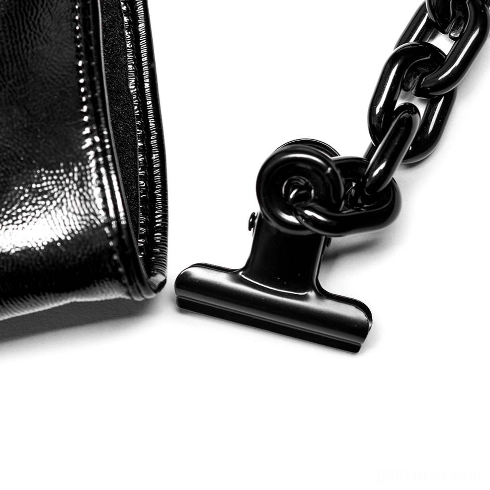 Thick link black metal chain and spring clip hardware for detachable glove accessory, matte finish detail shot