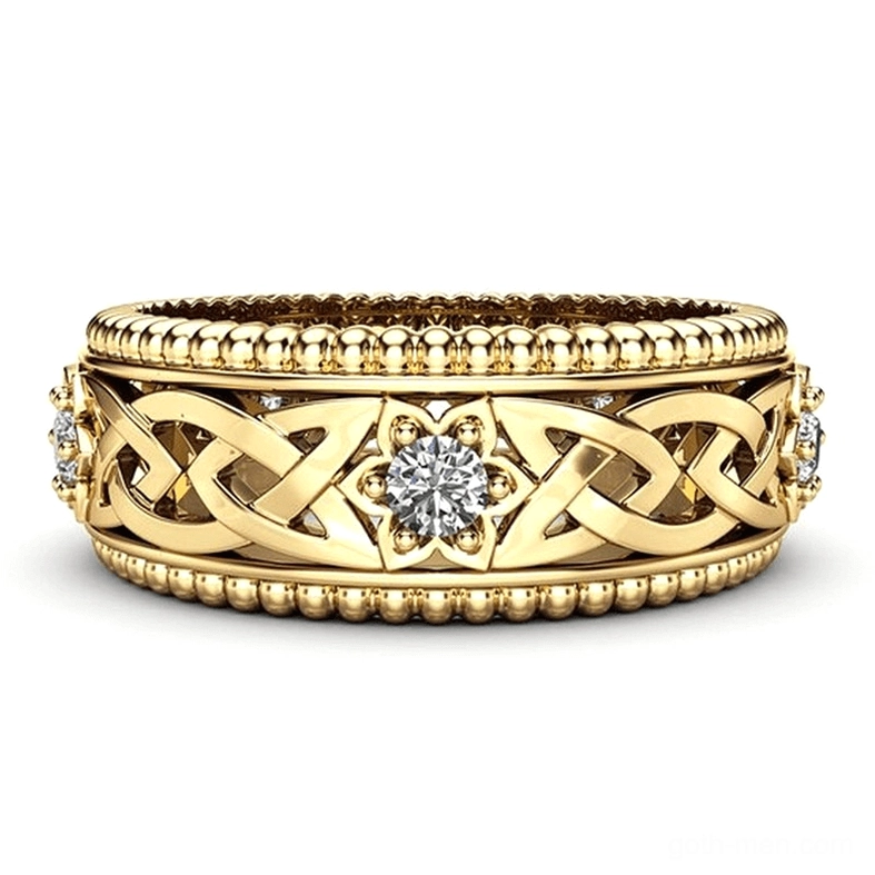 Gold Celtic knot zircon gothic ring front flat view with beaded edges, floral central zircon stone, and decorative side zircons