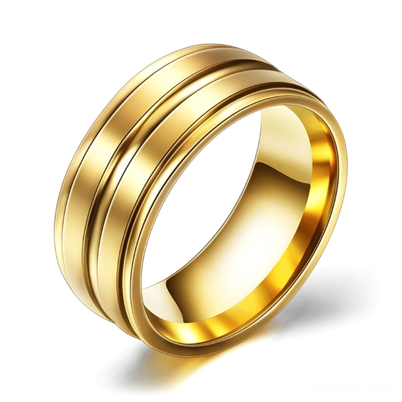 Gold-tone gothic band ring with high-polished finish and parallel groove details, alternative fashion jewelry