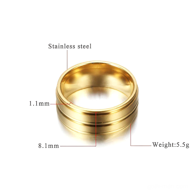 Gold gothic band ring with dimensional specifications and weight details, flat overhead product view