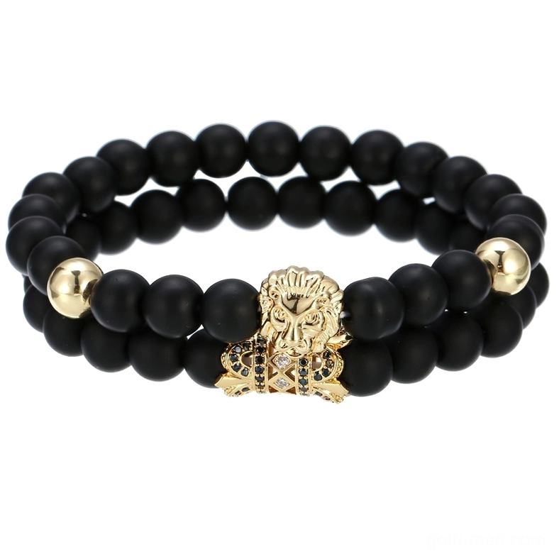 Gold lion head gothic bracelet with black stone beads - vintage alternative accessory