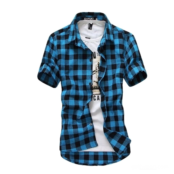 Blue and black checkered gothic plaid shirt for men - short sleeve rock style front display