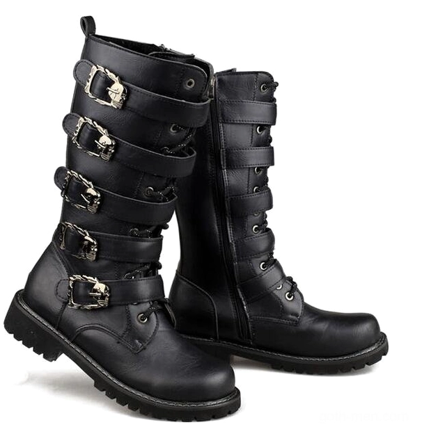 Black combat boots with visible lace-up front and stacked skull buckle straps side oblique view
