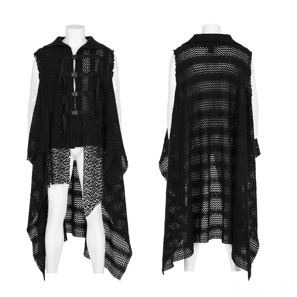 Male dress form wearing black mesh spliced cape with high-low hemline and functional webbing fasteners