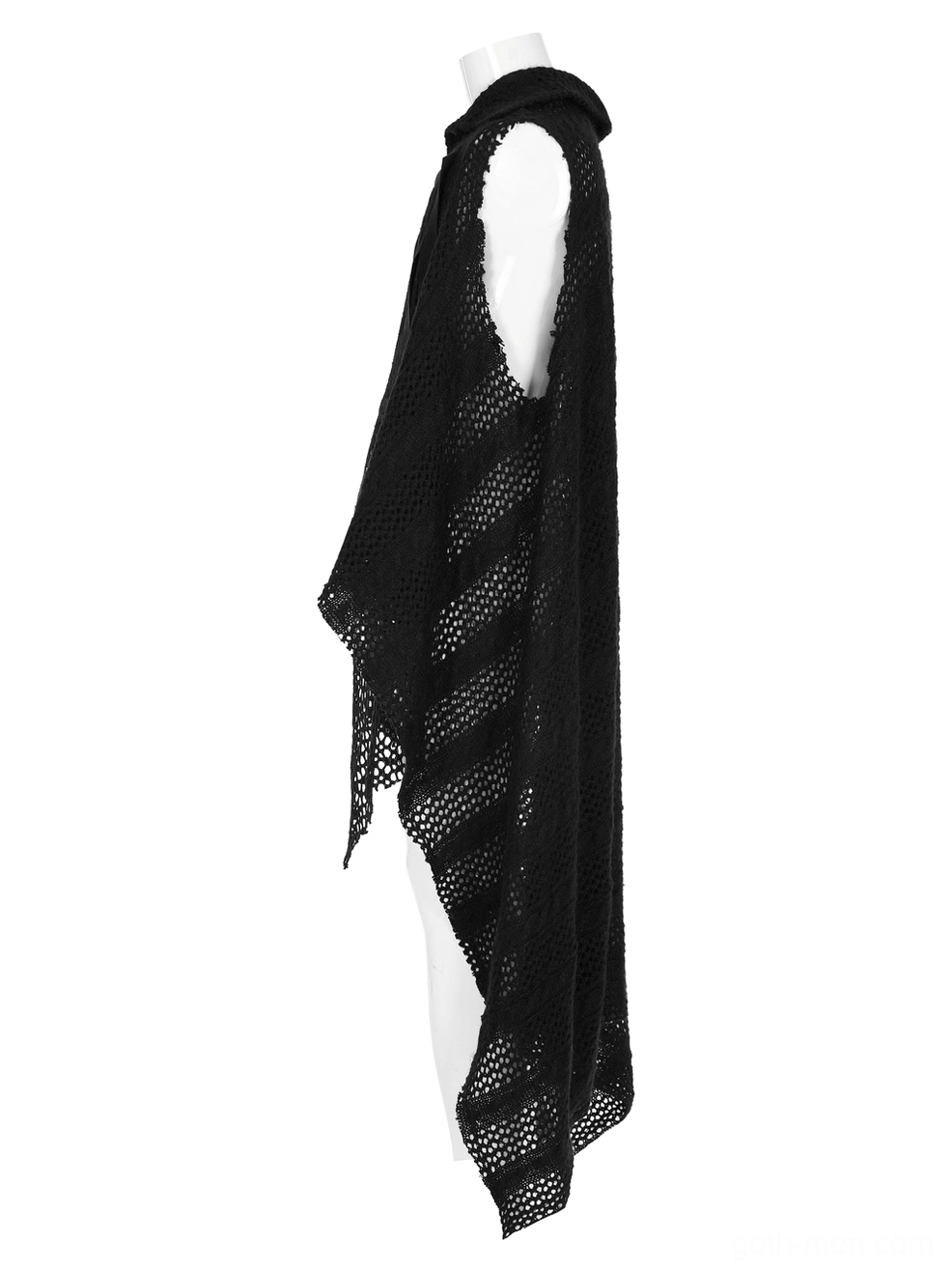 Side profile of gothic mesh cape displaying asymmetrical draped hem and fitted shoulder line on dress form