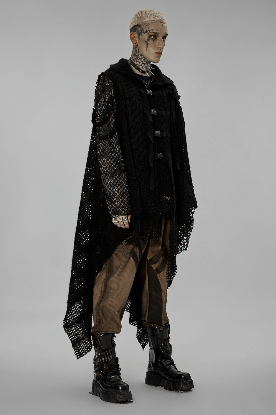 Three-quarter angle view of black mesh spliced gothic cape showing front buckle fasteners and asymmetrical hemline