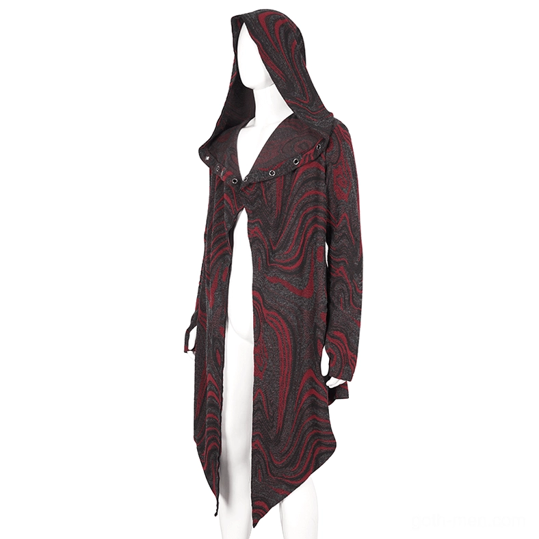 Side-front full view of men's gothic hooded coat with open front design, marbled fabric texture, and metal eyelet closures on mannequin