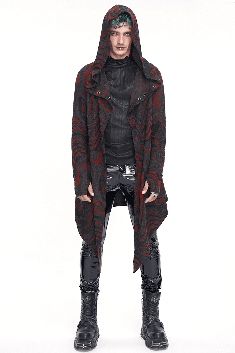 Alternative angle view of men's gothic hooded coat highlighting asymmetrical hem and layering potential with chain details