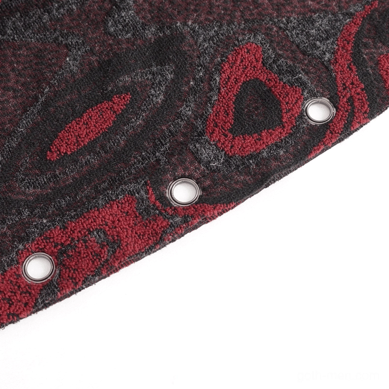 Close-up flat view of gothic coat showing marbled fabric texture with metal round eyelet fasteners and hardware details