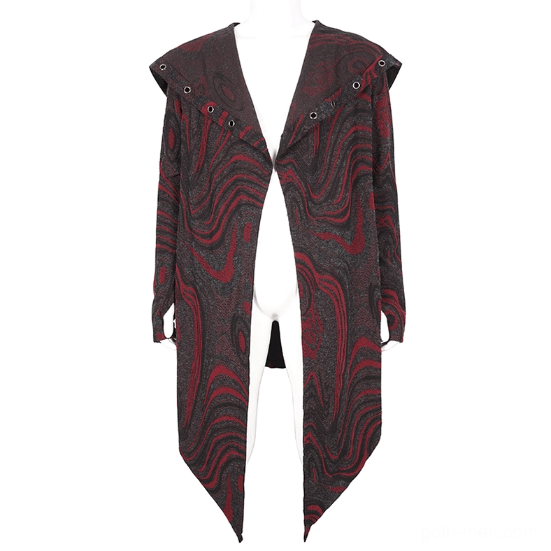 Front view of gothic coat without hood showing metal eyelet trim collar, long sleeves, and marbled pattern detail on mannequin