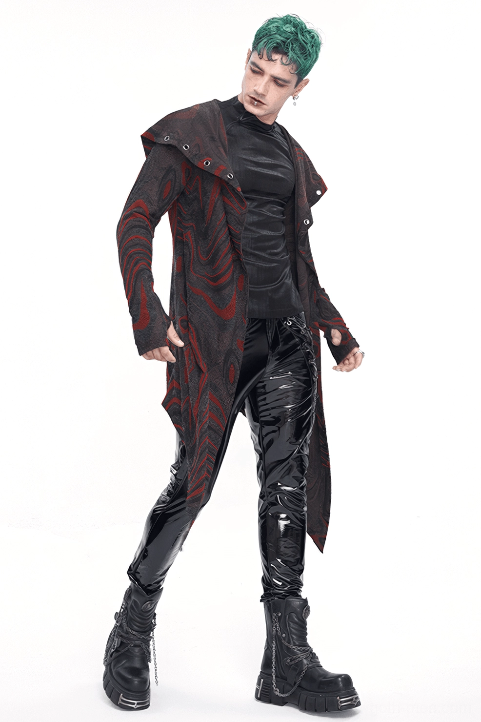Full view of gothic coat showing hood design, metal hardware details, and marbled red-black textile throughout