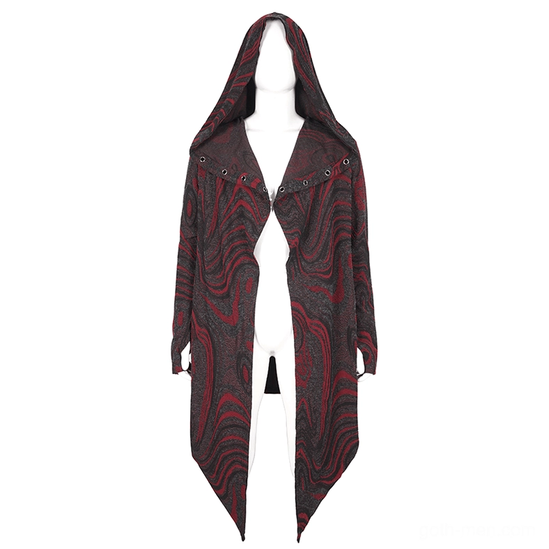 Front full view of men's gothic coat with hood up, metal eyelet closures, marbled fabric, and asymmetrical hem on mannequin
