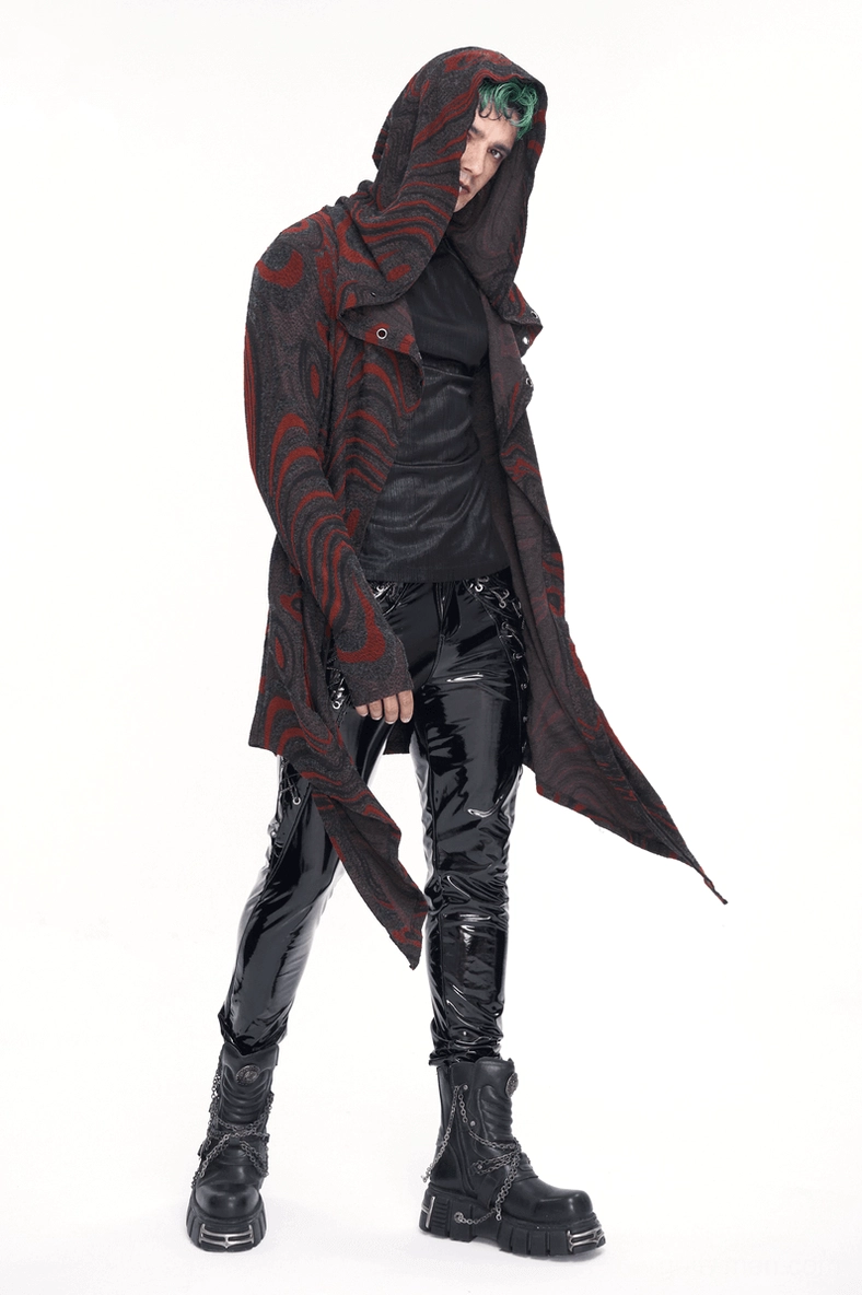 Movement view of men's gothic chain-back hooded coat showing how fabric and chains move and flow when worn