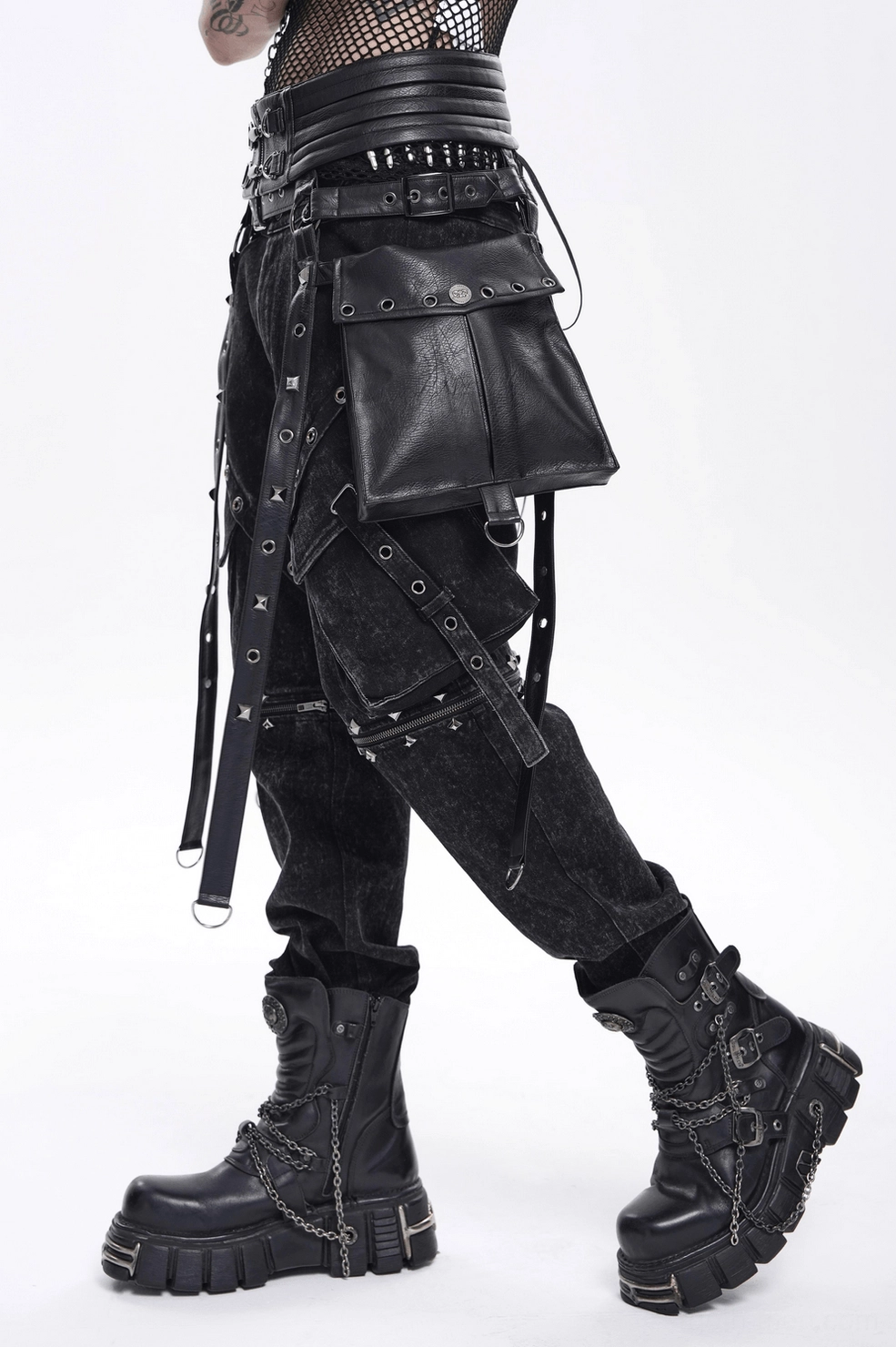 Front-facing studio view of black goth harness with side utility pouches and extended garter straps on white mannequin