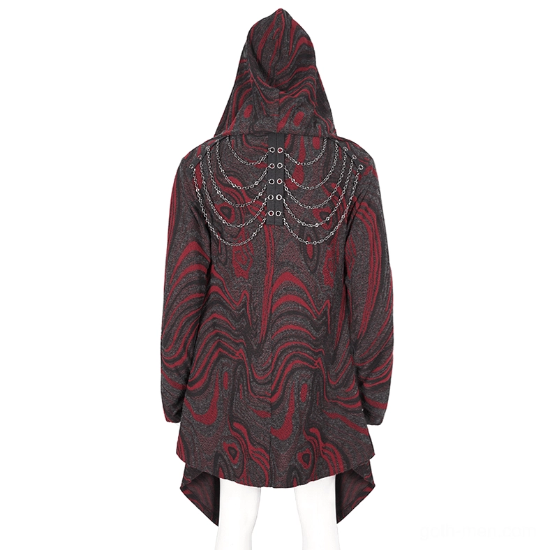 Back full view of gothic coat with rows of chain decoration, asymmetrical hem, and marbled red-black pattern on display mannequin