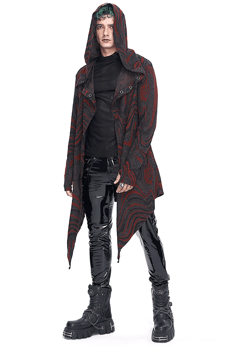 Men's marbled red-black gothic hooded coat front view with chain-back design, featuring asymmetrical hem and fingerless sleeves on male model