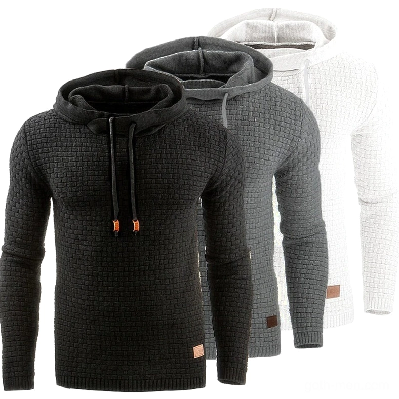 Gothic hoodie collection display showing black, dark gray, and white quilted sweatshirts with grid texture